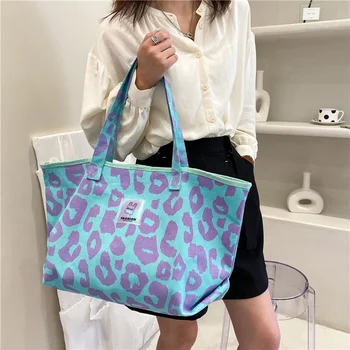Модни леопардовая холщовая чанта-тоут, по-голямата голям чанта за пазаруване, чанта в стил харадзюку, женствена чанта през рамо