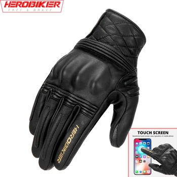 HEROBIKER, мотоциклетни ръкавици, кожени ръкавици с пълна пръста, ръкавици с чувствителен на допир екран, защитни приспособления за дланите на ръкавици от естествена кожа за мотокрос