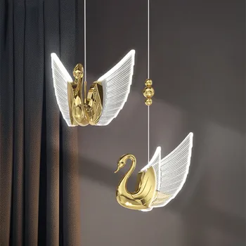 Скандинавски луксозна окачена лампа Led Вила Вита стълба Окачен лампа Дизайн Кристален лебед лампа Кухня, хол принцеса светлина