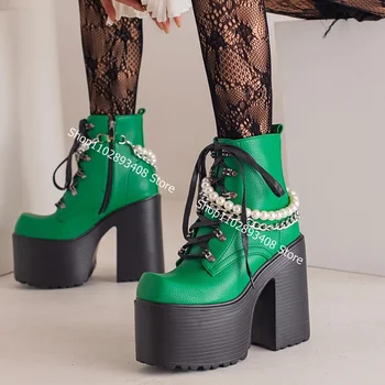 Ботильоны на платформата с перлената на веригата, украсени с появата на ластика, дамски есенни модни обувки на висок масивна ток 2023, Zapatos Para Mujere