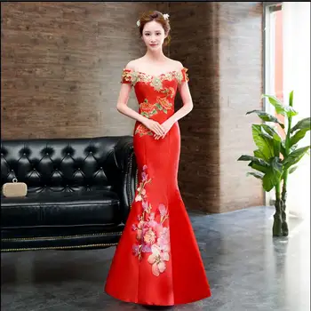 Китайското Червена рокля Русалка Булчинската рокля Рибя опашка Годишна жена сценична мода