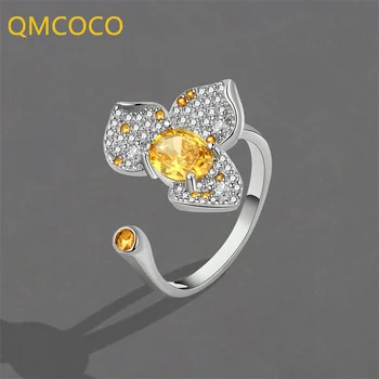 QMCOCO Сребърен цвят, лесно луксозен пръстен с цвете цирконий, отворен пръстен за жени, модни изискана сватба парти, Елегантни бижута и аксесоари