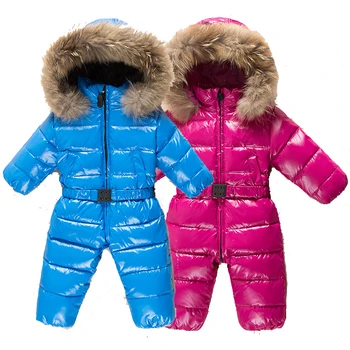 Зимни ски форма, дрехи за бебета, детски гащеризон, топли дрехи за бебета, гащеризон с пух от пера, зимна костюм за момчета, облекло от кожа на миеща мечка