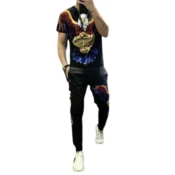 Мъжки Летен Костюм на Корейската Мода За спорт и отдих С принтом Орел, Тениска с Къси ръкави, Панталони, Комплект от две части, Голям Размер