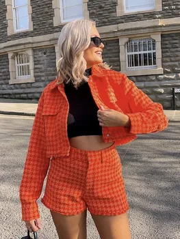 PTYSIC, модни дамски orange твидовая укороченная яке, однобортный отложной яка с висока талия, ежедневни панталони с висока талия за момичета