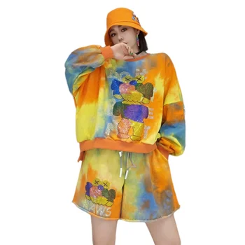 Комплект широки шорти Kawaii, новост есента 2023, скъпа свободна hoody с анимационни принтом, пуловер с кръгло деколте, комплекти от две части за жени