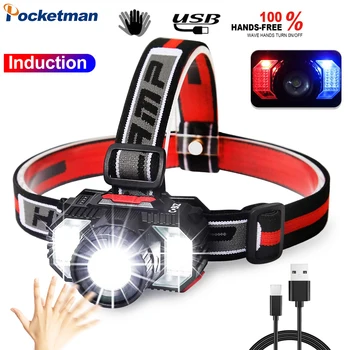 Налобный фенер Pocketman LED + КОЧАН, USB акумулаторна налобная светлината на прожекторите, интелигентен сензор за движение, налобный фенер, водоустойчив налобный фенерче с батерия