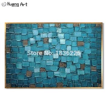 Директна доставка на Модерна живопис с маслени бои върху платно за стена художествен декор ръчно изработени Абстрактна синя квадратна структура живопис