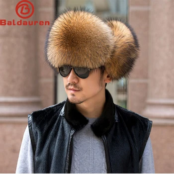 Зимна мъжка шапка-бомбер от 100% естествена кожа чернобурки, шапка-ушанка от кожа на миеща мечка, руски мъжки ски шапки, шапки от естествена кожа