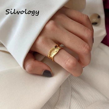 Silvology пръстени от сребро 925 проба с вълнообразен крива, нередовна елегантни двуслойни елегантни пръстени за жени, вечерни украса