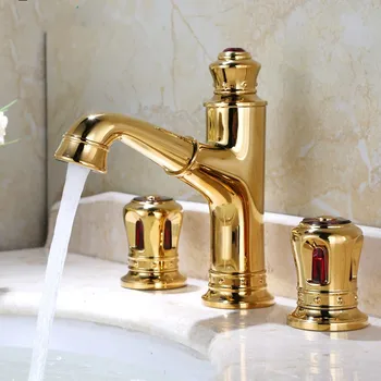 Дизайн корона, златен месинг смесител за мивка в банята, монтирани на бортике, златна плъзгаща батерия за тоалетната чиния, смесител за топла и студена вода