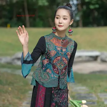 2023 ретро топ ципао без ръкави, с бродерия на цветя, етнически китайски традиционен жилетка, женски, китайският национален жилетка от костюм тан