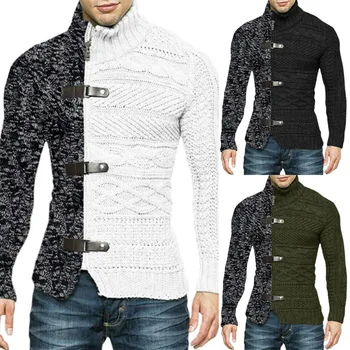 2022 Пуловер с висока воротом, мъжка мода, контрастен цвят, кожена обтегач, дълъг ръкав, пуловер голям размер, однобортный вязаный жилетка