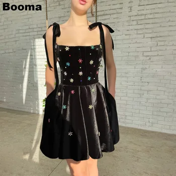 Booma Черно кадифе, мини рокли за абитуриентски бал, квадратен яка, без ръкав, официални рокли с кристали 3D цветове, с джоб, вечерни коктейлни рокли за партита