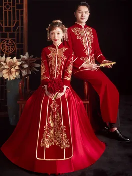 Висококачествено сватбена рокля в китайски стил, двойка червени изискани пайети, Чонсам, на традиционното ципао за сватбени партита