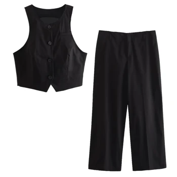 Elmsk, модерен, секси кратък жилетка, отгоре с висока талия, свободно отглеждани панталони, дамски комплект
