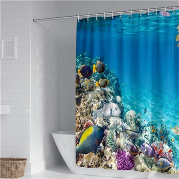 Потребителски морски кокосови палми 3D печат завеси за баня Подводен свят на животните Водоустойчив полиестер Декоративна завеса за баня