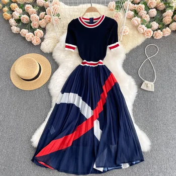 Хикигава/2023, ново лятно шифоновое рокля в тънка трикотажную лента в контрастен цвят, шифоновые рокли в стил мозайка, плисе шифоновые рокли-Vestidos