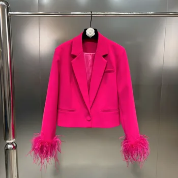 ПОДГОТОВКА за 2023 г., новата есенна колекция на сако с дълъг ръкав и отложным яка, пера, розово-червено сако на една пуговице, дамско яке GH135