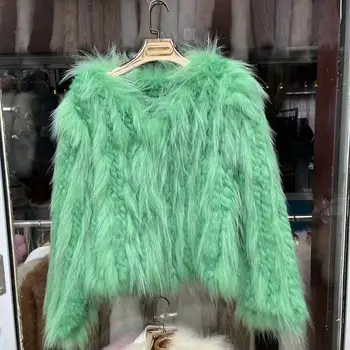 Зимни дамски вязаная палто от естествена кожа заек 2023, благородна свободна яке от естествена кожа, палта от естествена кожа с V-образно деколте и дълъг ръкав, новост