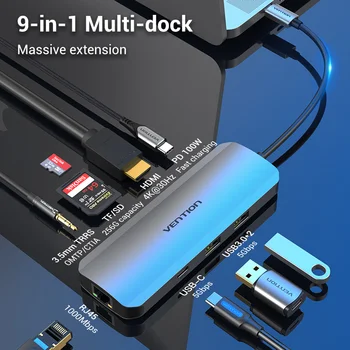 Vention C USB Хъб USB C до 4K, HDMI VGA PD RJ-45 3.5 мм USB 3.0 Докинг станция за MacBook Pro Аксесоари USB-Type C C 3,1 Ивица на USB ХЪБ