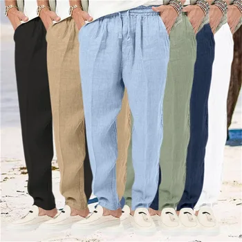 Мъжки универсални дишащи панталони, обикновен панталон с завязками и множество джобове, памучни ленени дълги мъжки панталони Masculina