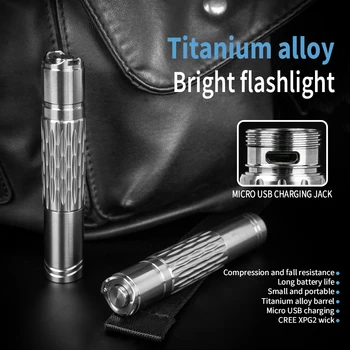 Мини фенерче водоустойчива от титанова сплав, акумулаторна батерия за преносим за нощуване на открито, супер ярък светлинното инструмент