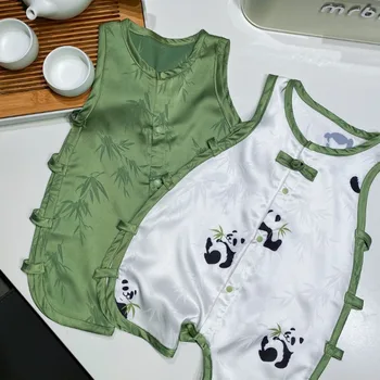 Годишният сатен, гащеризон без ръкави с пандой за новородени, традиционната китайска дрехи за деца, ежедневни жилетка за плоскостопия, гащеризон 0-12 месеца