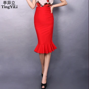 TingYiLi, дамски дълга официална пола, червена с черна пола-русалка, офис пола-молив