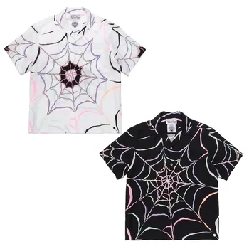 2023SS Цветна Риза Spider Web WACKO MARIA За Мъже И Жени, високо качество на Черно-Бели Блузи с Къс Ръкав, Ежедневни Хавайски Ризи, Тениски
