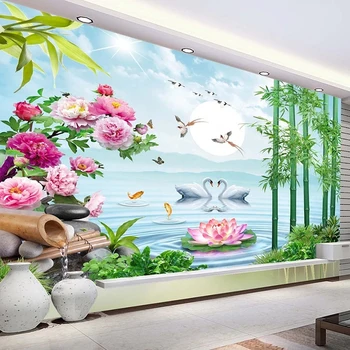 Потребителски 3D фотообои Луната Лебед бамбук горски Цветя, птици художествена боядисване стени Кабинет спалня хол ТЕЛЕВИЗИЯ фон на открито