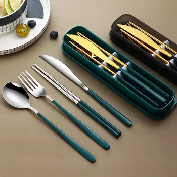 Преносим подаръчен комплект съдове за готвене от неръждаема стомана 304, корейската съдове, нож, вилица, лъжица и пръчици за хранене