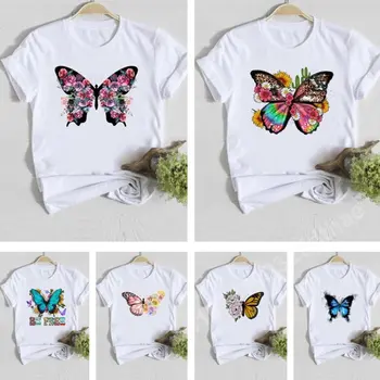 Дамски тениски с цветна пеперуда, Дрехи Kawaii, Къс ръкав, Y2k, Топ, Модни Дамски тениски с графичен дизайн, тениска Harajuku, тениски с