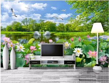 Потребителски снимки на 3d тапети за стая Романтично лебедово езеро, пейзаж на езерото с лотосами, картина за хола, 3d стенописи, тапети за стени d 3