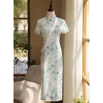 Зелен цветен Чонсам с къс ръкав, подобрено винтажное рокля, пролет-лято, приталенное женски сватбена традиционното ципао от S до XXL