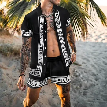 Модерен нов плажен мъжки летен костюм-риза, ежедневни дишаща тениска с къс ръкав, плажни шорти, мъжки комплект