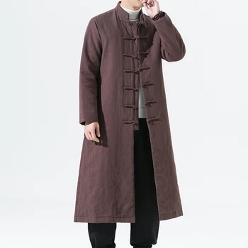 Традиционно облекло в китайски стил, зимно, дълго палто с модел в стил ретро костюм секта Тан Ханьфу Шаолин, Ежедневни облекла, мъжки ватирани якета