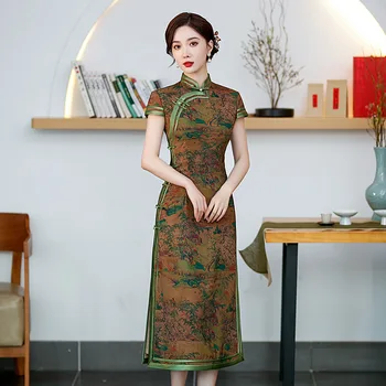 Новост, ретро бельо дълга рокля, есен ново китайското традиционната рокля Чонсам ръчно с бутони, женствена рокля с цепка отстрани, Qipao, Vestidos