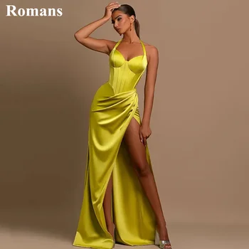 Жълто Вечерна рокля в Римски стил за Жени, Русалка, За Специални Събития, Дълга Рокля на спагети презрамки с Отворен Гръб и Цепка Отстрани, vestidos de noche