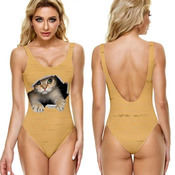 Kwaii Кити принтом скрита котка, едно парче секси бански, ежедневни бански, плажна спортни дрехи за плуване, лятна дамски дрехи