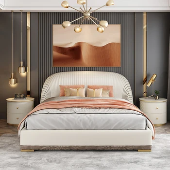 Проста легло в италиански стил, кожа, модерна минималистичная легло принцеса, мебели за дома в скандинавски стил с осветление за пода, матрак и нощни шкафчета