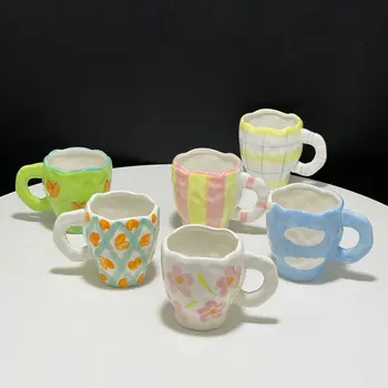 Скандинавска керамика, ръчно рисувани, керамична чаша, cartoony цвете лале, чашата за кафе, проста чаша за овесени ядки на закуска с дръжка за подарък