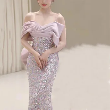 Жена сватбена рокля на Русалка на тънки спагети презрамки, прекрасно светло лилава рокля с пайети, вечерни рокли за бала