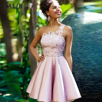 YALIN Розова рокля за бала на завършилите трапецовидна форма с кружевными апликации с едно рамо, атласное един коктейл рокля с мини дължина, сшитое по поръчка, топла разпродажба, Vestidos
