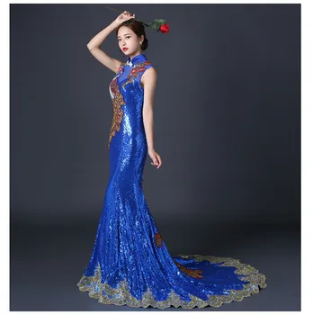Бродерия Чонсам Дълго китайското източното вечерна рокля Елегантни рокли принцеса Червено Ципао Сватбени Летни дамски Секси цветя