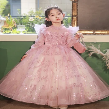 Rose фатиновое вечерна рокля трапецовидна форма с пайети за момичета, детски рокля за парти в чест на рождения ден, облекло принцеса