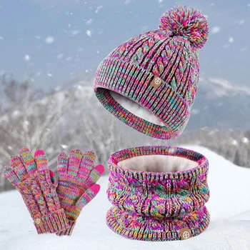Зимни детски топъл шал, шапка, комплект ръкавици, плюс кадифе дебели възли вълнени шапки с топки, утепляющие врата, ръкавици със сензорен екран, мразоустойчив, комплекти