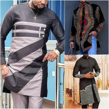 Новост 2023 година в африканския стил, облекло, с принтом, цветова гама, модерен ежедневен мъжки дълга риза с дълъг ръкав и кръгло деколте (само върховете)