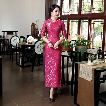 Розово-червен чонсам, рокля с дълги ръкави в китайски стил, завързана елегантен традиционен дълъг чонсам, секси размер S-3XL 2020
