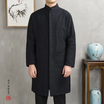 Китайското традиционното есенно-зимния дълго мъжко палто, паркове, реколта яке, костюм от епохата на Тан, ветровка, ежедневни облекла Дзен, топ